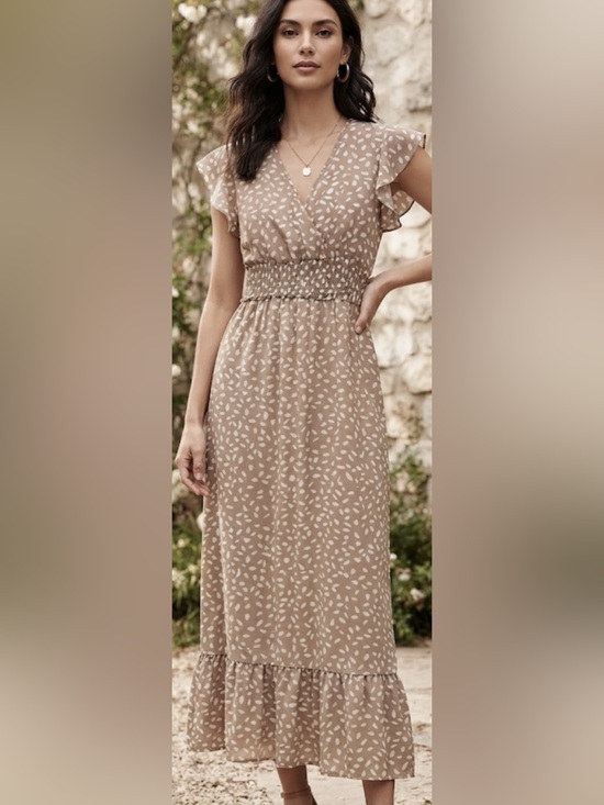 SHEIN Dresses & Skirts - SHEIN Clasi Taupe & White Abstract Dot Print Smocked Maxi Dress - Size M